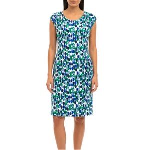 BODEN Peacock Feather Print Cap Sleeve Faux Wrap Midi Dress Size 10L Blue Green